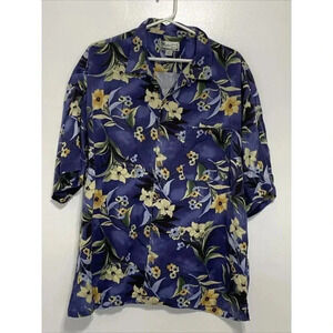 Monterey Club Blue Floral Print 100% Silk Hawaiian Shirt Size XL Short Sleeve